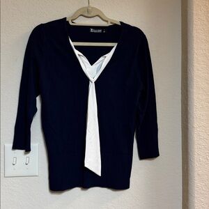 7th Avenue New York & Company Women's Navy V-Neck Sweater with White Tie Size M